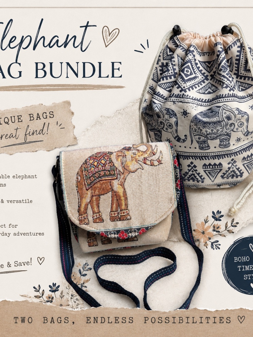 Charkorn Elephant Tapestry Bag Bundle & Make up Bag - 2 bags in one bundle!